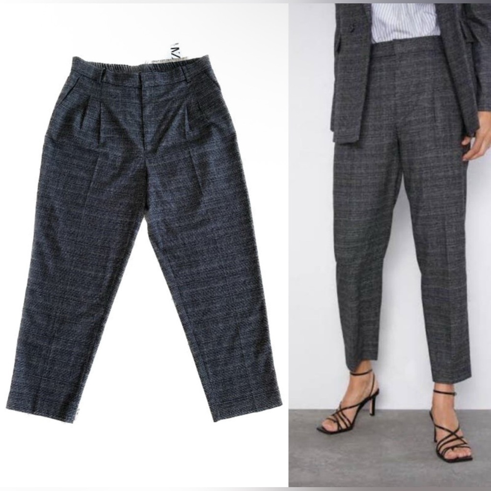 (B1) Zara Charcoal‎ Grey Glen Plaid High Waist Cropped Career Trousers Pants XS